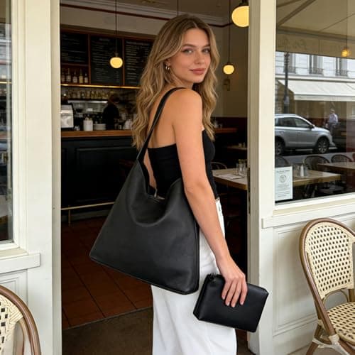 BotaBay Women's Hobo Bag Soft Vegan Leather Shoulder Bag, Large Slouchy Tote Handbag with Matching Pouch, Lightweight Everyday Underarm Bag for Work, Travel & Daily Use, Black — view 3