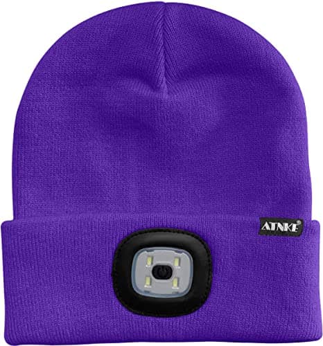 ATNKE LED Lighted Beanie Cap,USB Rechargeable 4 LED Red and Blue Glow Flashing Running Headlamp Hat Winter Warm Gifts for Men and Women/Purple — view 2
