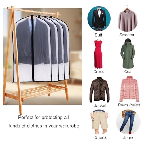 Niviy Garment Covers Dustproof Clothes Covers Moth Proof Coat Bag with Zip PEVA Translucent Dress Cover Waterproof Anti-mite Breathable Suit Protector 6pcs 60 * 100cm (Black) — view 4