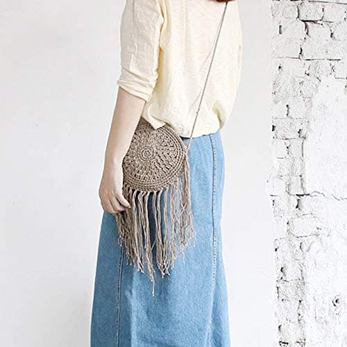 Millya Fringe Tassel Crossbody Shoulder Bag Straw Woven Handmade Boho Beach Travel Handbag for Women (03878 Grey) — view 2