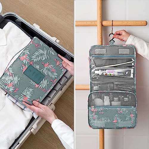 Hanging Toiletry Bag - Travel Portable Wash Bag Makeup Cosmetic Organizer for Women & Girls Waterproof Bathroom Shower Bag for Business Trip, Gym, Vacation & Household (Gray Flamingo) — view 6