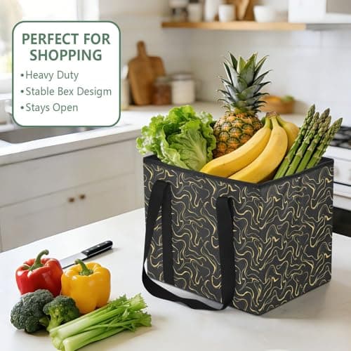 Grckit Car Trunk Organizer Black Gold Wavy Lines Heavy Duty Collapsible Storage Tote Bag with Reinforced Handles for Shopping Travel Picnic — view 5
