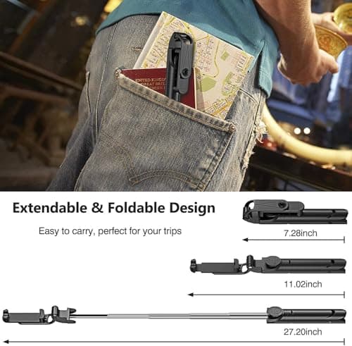 Wireless Selfie Stick, Extendable 3-in-1 Tripod Stand, Detachable Wireless Remote Selfie Stick, Support Video Record for iPhone 17/16/15/14/13/12 Pro Max, Samsung Smartphones, Android Devices — view 3