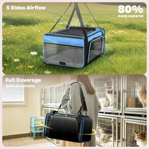 Top and 2 Sides Expandable Cat Carrier 18x13.5x9.5, TSA Airline Approved Dog Carriers for Small Dogs, Soft-Sided Pet Carrier with Self-Locking Zippers for Kitten,Rabbit, Puppy, Guinea Pig Blue — view 3