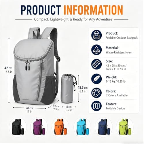 NWDEY Lightweight Foldable Backpack, Waterproof Small Rucksack with Flip Top Main Compartment, 160g Packable Casual Daypack for Men Women Kids, Perfect for Hiking Camping Travel Cycling (Light Grey) — view 2