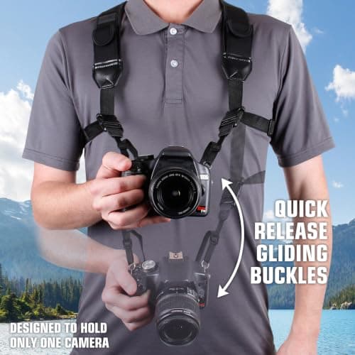 USA Gear DSLR Camera Strap Chest Harness with Quick Release Buckles, Black Neoprene Pattern and Accessory Pockets - Compatible with Canon, Nikon, Sony and More Point and Shoot and Mirrorless Cameras — view 2