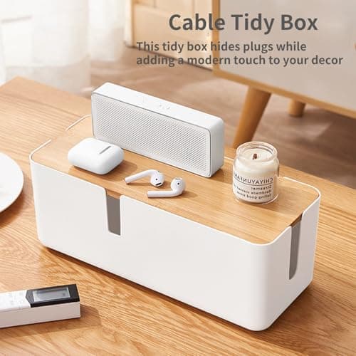 JJQHYC Cable Tidy Box Large Cable Box with Bamboo Lid Cable Management Box White Cable Organiser for Hiding Cables and Plugs — view 4