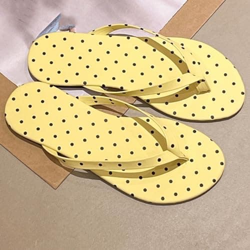 Jhebeks Yellow Women's Flip Flops Polka Dot Casual Summer Bathroom Outdoor Travel Beach Sandals Non-Slip Breathable Flat Ladies Slippers Soft Sole Lightweight Comfortable Shoes for Shower Size 6.5 — view 6
