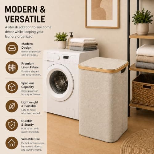 Bamboo Laundry Basket, Removable Bag, Foldable Clothes Hamper, Beige, 55L — view 5