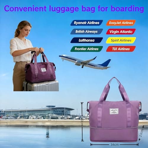 HUANYO Expandable Holdall Bag - 2-in-1 Design (20L to 35L), Foldable Waterproof Lightweight Sports & Travel Bag for Men and Women, Perfect for Gym, Beach, Yoga and Weekend Trips (Purple) — view 2