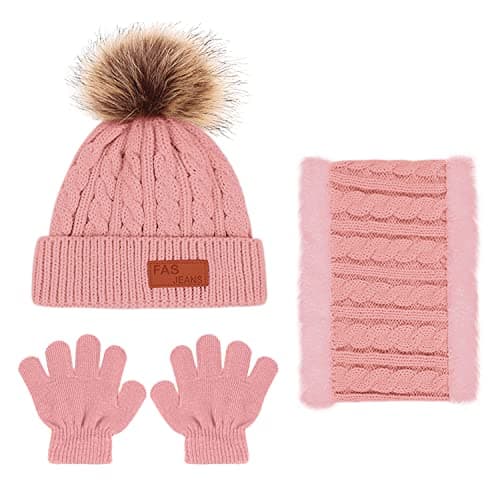 Baynetin 3Pcs Kids Winter Beanie Hat Scarf Gloves Set for 1-5 Years Old Boys Girls. Winter Accessories Sets for Children Outdoor Sports, Knit Thick Warm Fleece Lined Thermal Sets (Pink) — view 2