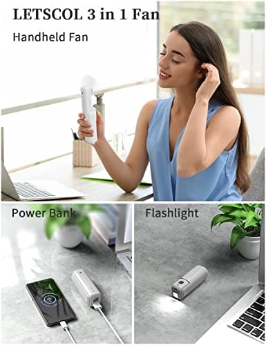 LETSCOL Handheld Mini Fan, 3 in 1 Hand Held Cooling Device, Portable and Personal with Power Bank & Flashlight, Foldable for Travel, Desk, Makeup (White) — view 2