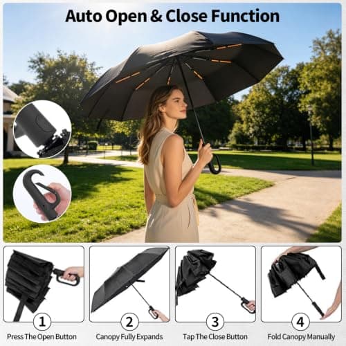 NKFBEV Travel Umbrella with Carabiner Handle, Windproof Umbrella for Rain and Sun, 10 Ribs, Auto Open Close, UV Protection, Compact Portable, Travel Umbrella Compact for Women Men Kids (Black) — view 4