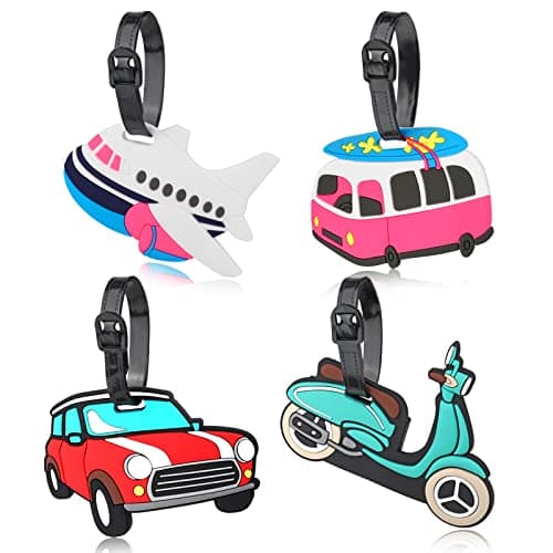 4 Pack Luggage Tags for Travel, Cartoon Vehicle Name Tags Silicone Suitcase Label ID for Baggage Identity, Handbag Labels for Kids, Women, Men, Boys, Girls