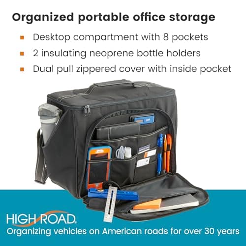 High Road Car Office Organizer - Front Seat Organizer with Desk Supplies Compartment, Laptop Sleeve, 2 Bottle Holders, Storage Cover and Padded Shoulder Strap for Cars, Trucks and Patrol Vehicles — view 3