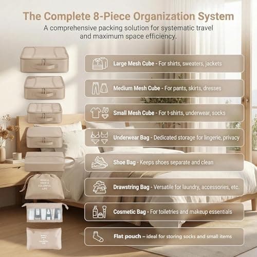 14 PCS Waterproof Packing Cubes Set, Beige Packing Cubes Set — view 3