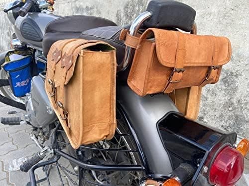 Handmade Panniers Luggage Leather Saddle Bags || Motorcycles Bike Power Sports Moped Accessories || Leather Dual Sport Motorcycle Left Right Two Side Bag with Tool Bag (Set of 3 Brown) — view 3