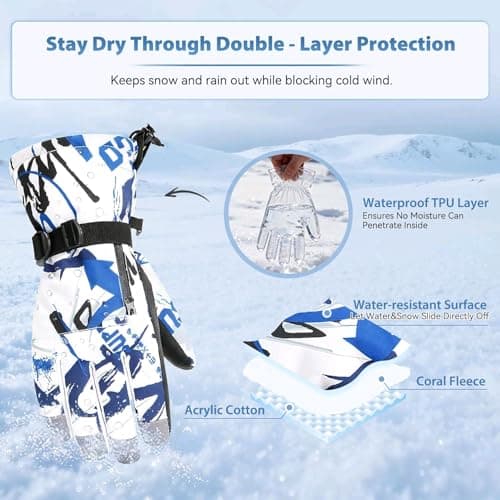 Ski Gloves Waterproof Winter Warm Gloves Cold Weather Touchscreen Snow Gloves for Mens, Womens, Kids Skiing,Snowboarding (Blue/White, S(Fit Kids 8-10 Years)) — view 3
