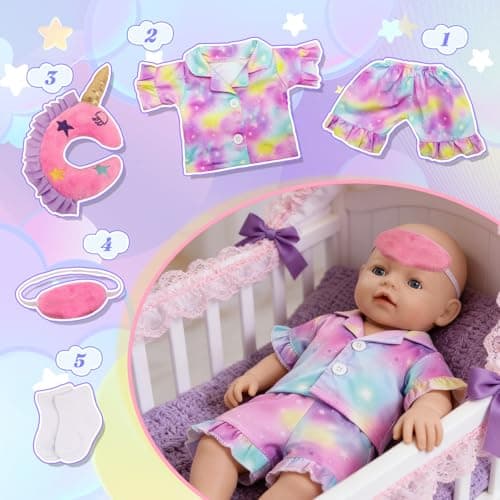 6 Pcs Baby Doll Clothes 14-17 Inch Baby Dolls, 35-43cm Dreamy Starry Doll Clothes Outfits with Gradient Pyjama Set + Pink Eye Mask+ U-shaped Neck Pillow + Socks Baby Doll Accessories for Kids Gift — view 6