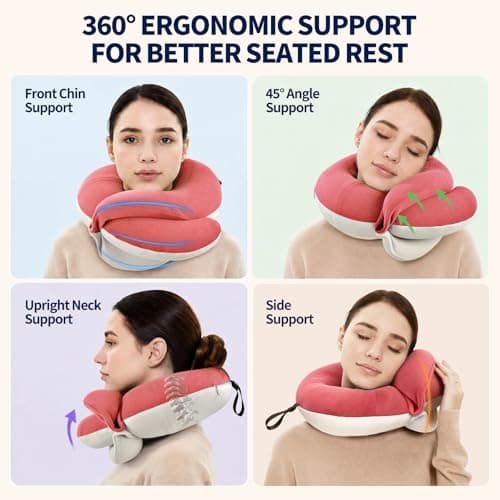 BUYUE Travel Neck Pillows for Airplanes, 360° Head Support Sleep for Long Flight, Skin-Friendly & Breathable, Kit with 3D Contoured Eye Mask, Earplugs and Storage Bag (Adult, Pink, 100+ lbs) — view 2