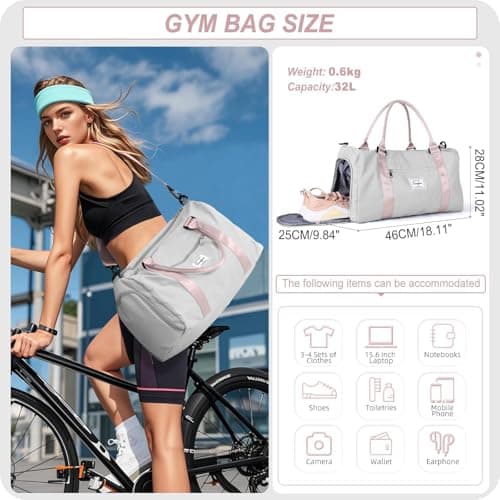 HYC00 Gym Bags Women Men Sports Duffle Bag with Shoes Compartment & Wet Pocket,Travel Duffel Bags for Women Large Weekend Overnight Holdall for Hospital Swimming Carry on Hand Luggage Bags,Gray Pink — view 2