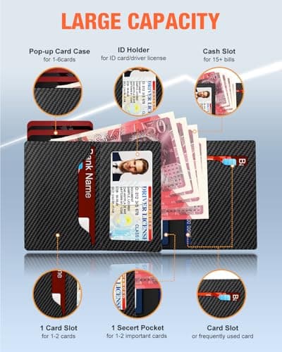 Mens Wallets Credit Card Holder | Wallets for Men with Magnetic Closure & Coin Pocket & ID Window | Minimalist Smart Pop Up Leather Wallet | RFID Card Cases for 12 Cards | Cash Slot | Black & Orange — view 4