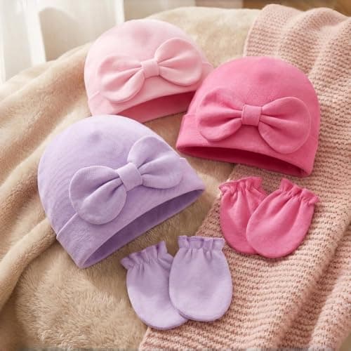 TouKingda Newborn Baby Girls Hat Mittens 2 Pack 0-6 Months Pink — view 6