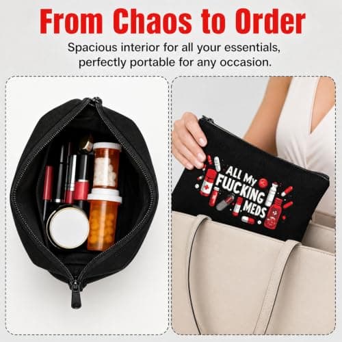 Travel Medicine Bag for Women Men, Waterproof Canvas Cosmetic Pouch, Zipper Pill Organiser Case, Funny Medical Kit Storage for Daily Essentials, Portable Med Organiser with Zipper (Black) — view 6
