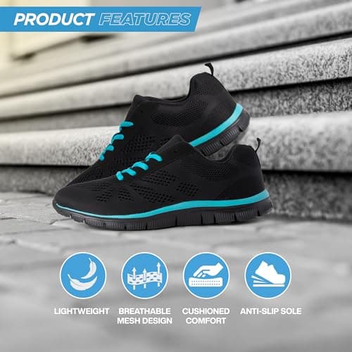 Get Fit Women’s Lightweight Trainers - Breathable Mesh Gym Walking Shoes - Comfortable Lace-Up Fitness Sneakers, Flexible Non-Slip Sole - Black/Turquoise - UK6/EU39 — view 3