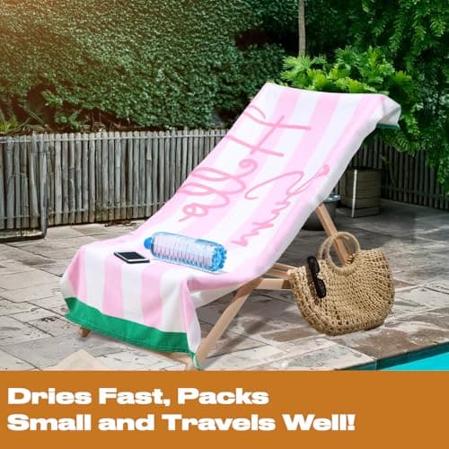Dreamscene Beach Towel Striped Hello Summer, Soft Quick-Dry Lightweight Microfibre Large Beach Towel For Adult & Kids Swimming Towel For Holiday Essentials, Blush-71x152cm — view 3