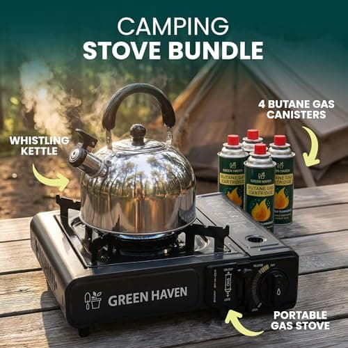 GREEN HAVEN Camping Stove Bundle – Portable Gas Stove, Camping Kettle & 4 Butane Gas Canisters | 2100W Gas Cooker with Carry Case | EN417 | Camping Gas Stove with Auto-Ignition, Adjustable Flame — view 2