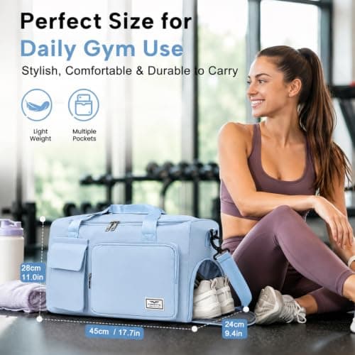 FIORETTO Gym Bag Womens, Sports Bag with Shoe Compartment, Light Blue — view 5