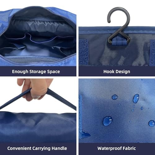 Travel Cosmetic Bag, Hanging Cosmetic Bag for Women, Personal Toiletries Organizer, Travel Bathroom Accessories Organizer with Hooks, Navy Blue — view 4