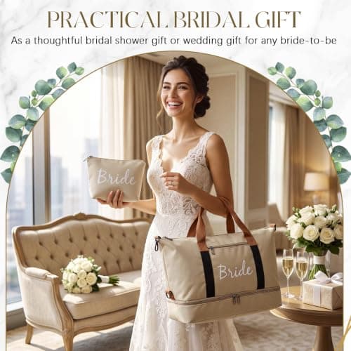 Eccliy 2 Pcs Bride Travel Bag Set Bridal Shower Gifts Shoulder Weekender Duffel Bag with Shoe Compartment and Makeup Pouch for Honeymoon Wedding Bachelorette Engagement Gifts — view 6