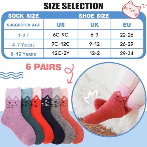 ANTSANG Kids Merino Wool Walking Socks for Toddlers Boys Girls Winter Hiking Thick Warm Heavy Thermal Cosy Crew Boot Cabin Gift Socks 6 Pairs(Little Cat,1-3 Y) — view 6