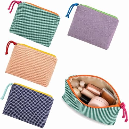 4PCS Linen Cotton Plaid Makeup Pouch, Contrast Zip Pouches for Handbags, Compact Cosmetic Bag, Lightweight Travel Pouch, 16×21cm Storage Organiser for Skincare Stationery Toiletry Essentials
