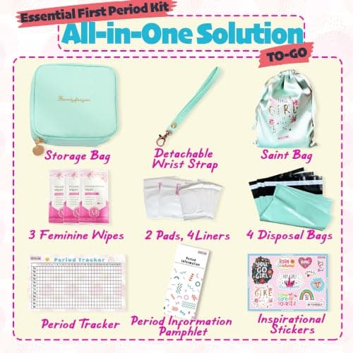 Essential First Period Kit for Girls 10-12 | Period Bags for Teen Girls for School | First Period Gift with Sanitary Pad Storage Bag, Wipes, Period Tracker and More(Mint) — view 2