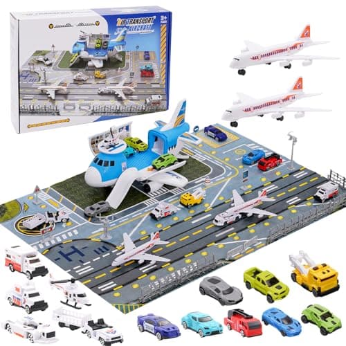 Airport Toys Airplane Car Toy Set for Kids with Trucks, Helicopter, Planes, Signs, Fire Trucks Race Cars and Airport Playmat, Great Military Toys Parking Lot Toy for 3 4 5 6 7 8 Boys Girls Toddler