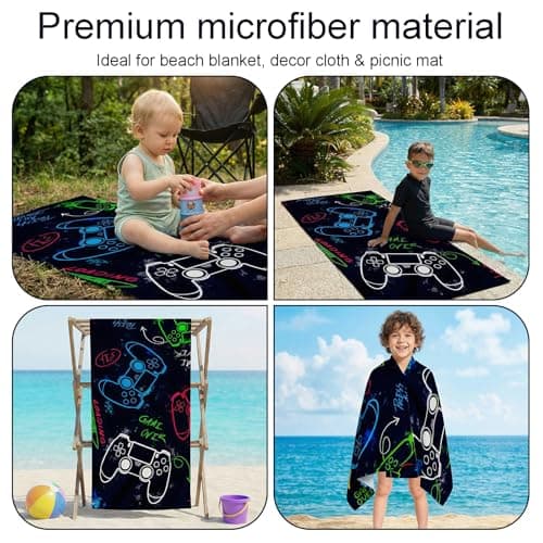 Vxcvzv 1 Piece Beach Towel Swimming Towels for Kids - Gaming Controller Design - Soft and Lightweight Blanket for Camping Showers Boys Bath Pool Camping Travel 75 x 150cm (Black) — view 6