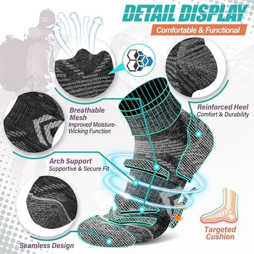 ANTSANG 6 Pairs Merino Wool Quarter Socks Running Walking Hiking Compression Support Breathable Thermal Warm Thick Cushion Ankle Unisex Socks for Women Men(7-11, Black Series) — view 4