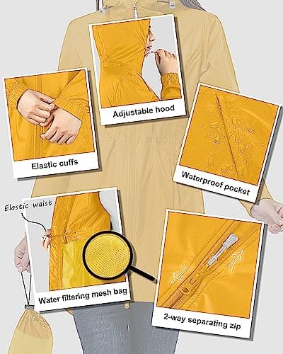 33,000ft Women's Rain Jacket Lightweight Hooded Long Rain Coat Waterproof Jacket Ladies Packable Functional Jacket Windbreaker Breathable Active Outdoor Coats Yellow XL/16 — view 5