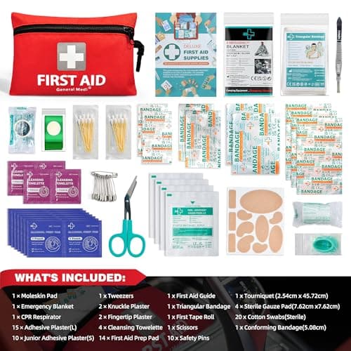 General Medi Mini First Aid Kit, 92 Pieces Small First Aid Kit - Includes Emergency Foil Blanket, Scissors for Travel, Home, Office, Vehicle, Camping, Workplace & Outdoor (Red) — view 2