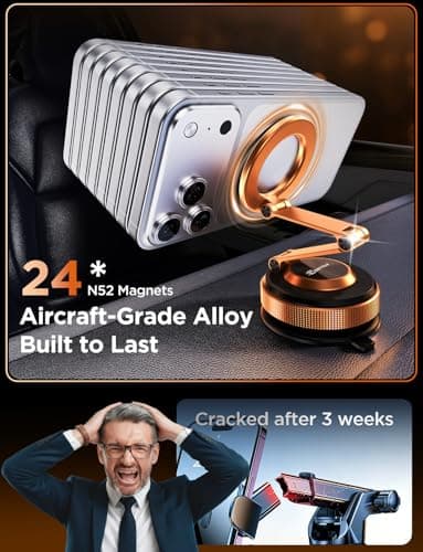 MSXTTLY Car Phone Holder Magnetic– Vmag S3 Phone Holder for Cars with Strong Magnets & Dual Long Arm, Compatible with iPhone 17 Pro Max 16 15 14 13 12 Plus & Android (with Magnetic Ring),Orange — view 5