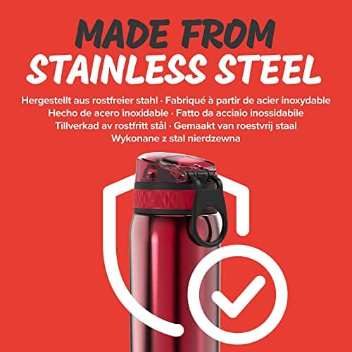 ION8 Lightweight Steel Kids Water Bottle, 400ml/13oz, Non-Insulated, Leak Proof, Easy to Open, Secure Lock, Dishwasher Safe, Fits Cup Holders, Carry Handle, Metal Water Bottle, Metallic Red — view 5