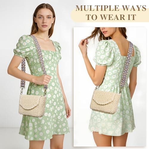 Toptime Straw Bag for Women, Small Summer Crossbody Bag with Zipper, Handmade Woven Boho Shoulder Bags with Adjustable Wide Strap, Stylish Beach Straw Handbag for Holiday Travel Vacation Shopping — view 3