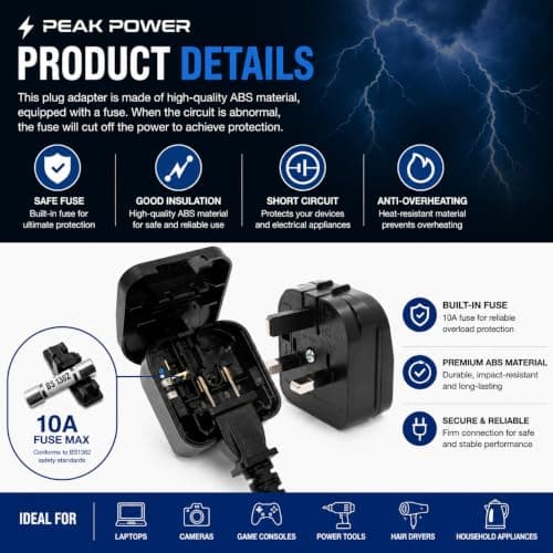 3 x Peak Power Type A to UK Plug Converter with Safety Fuse – Converts US, Chinese & Japanese 2-Pin Plugs to UK 3-Pin Socket – 250V 5A Fused Plug Adapter – Not a Voltage Converter (3) — view 4