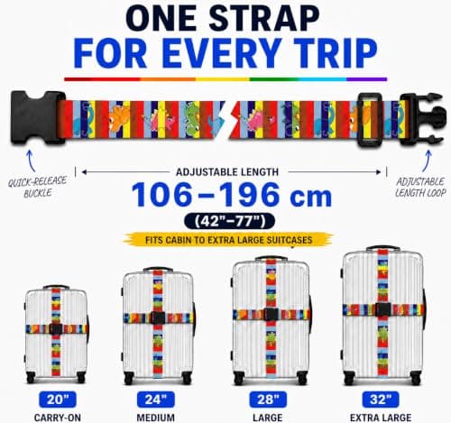 Luggage Straps for Suitcases 2 Pack, Adjustable Suitcase Belt 106–196 cm, Bright Pattern Travel Luggage Strap for Easy Identification, Heavy Duty Polyester with Quick Release Buckle (Dino Junior) — view 3