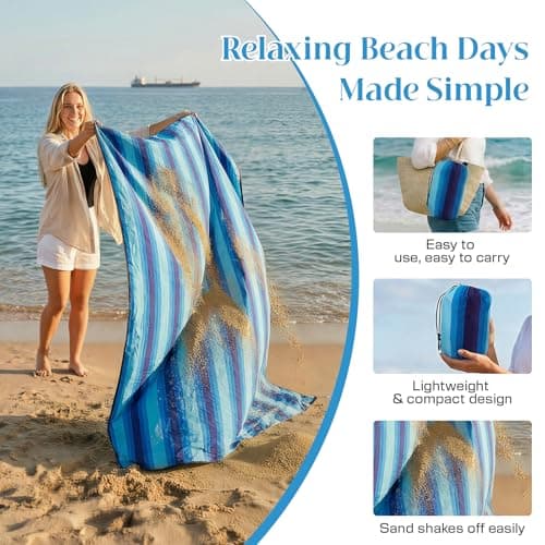 Beach Blanket Sandproof Waterproof,274 x 305 cm Extra-Large Beach Mat with Stakes &Travel Bag,Lightweight,Quick Dry,Portable Picnic Mat Beach Essentials for Outdoors,Cruise,Picnic &Camping,Blue Stripe — view 4