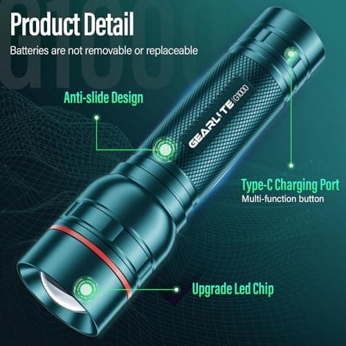 GEARLITE LED Rechargeable Torch, 2000 Lumens LED Torch, Extremely Bright with 3 Modes, Zoomable Mini Handheld Lamp with Long Running Time, Teal Blue Flashlight for Outdoor G1000-Teal — view 4