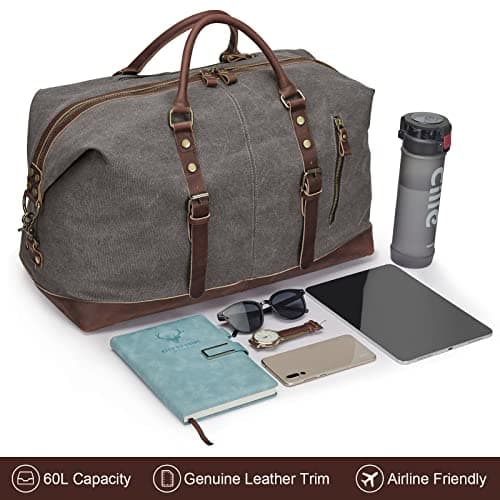 S-ZONE Mens Canvas Leather Holdall Travel Duffle Overnight Weekend Satchel Totes Bag Handbags (Grey (Big Size: 54 x 23 x 42CM)) — view 3